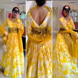 Boutique style pure georgette Yellow Shibori Print Designer Gown